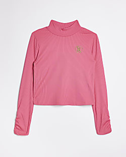 Girls Pink Ribbed Funnel Long Sleeve Top