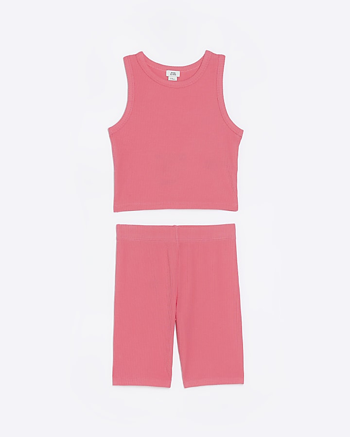 Girls pink ribbed top and cycling shorts set