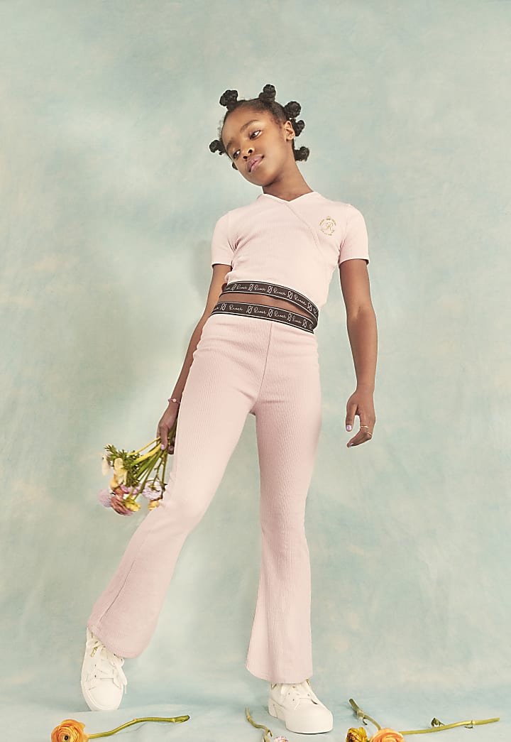 Girls pink ribbed wrap top and trousers set