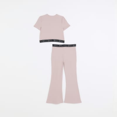 Girls pink ribbed wrap top and trousers set