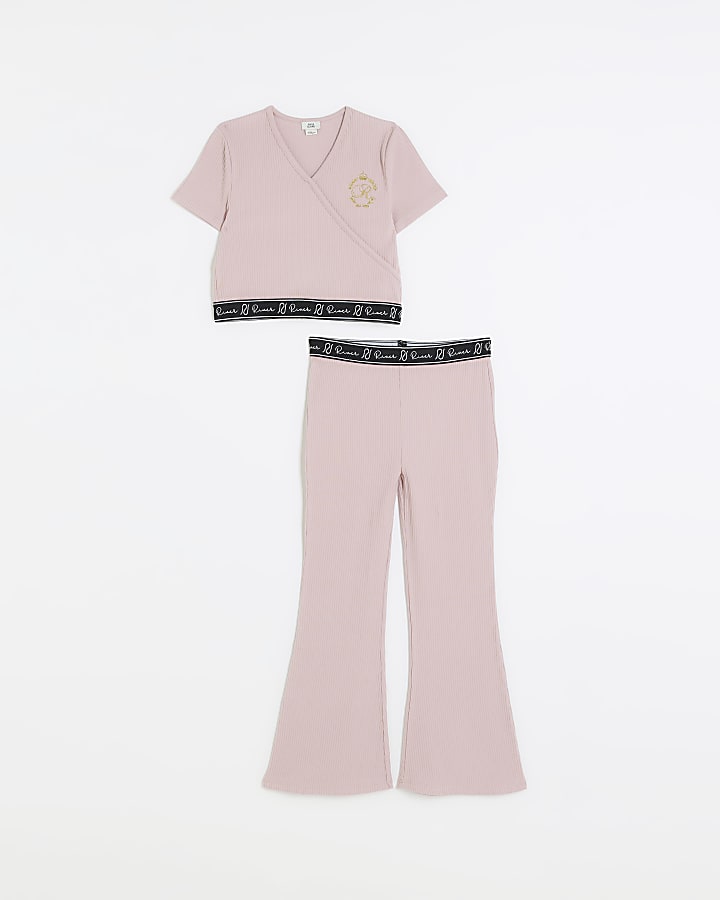 Girls pink ribbed wrap top and trousers set