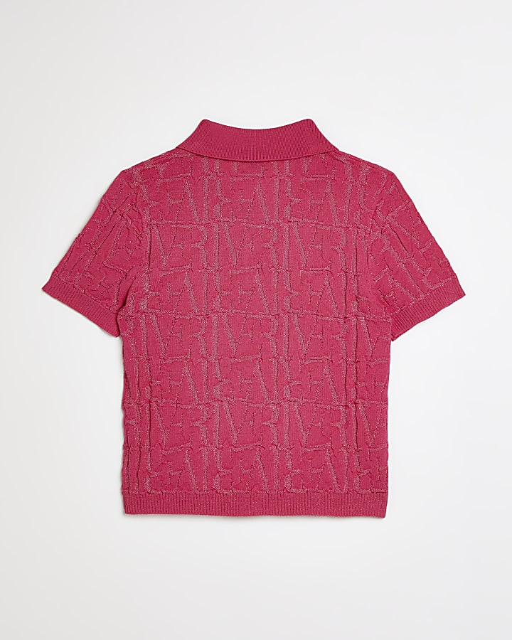 Girls pink River textured polo shirt
