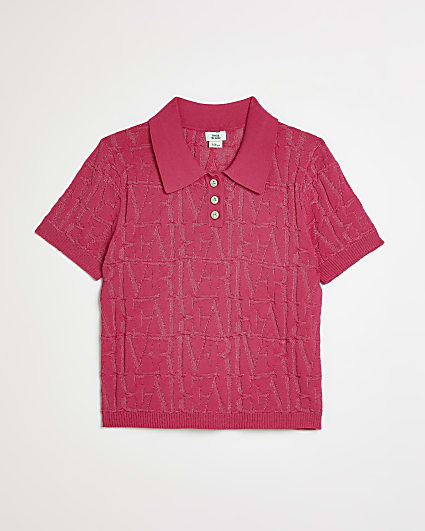 Girls pink River textured polo shirt