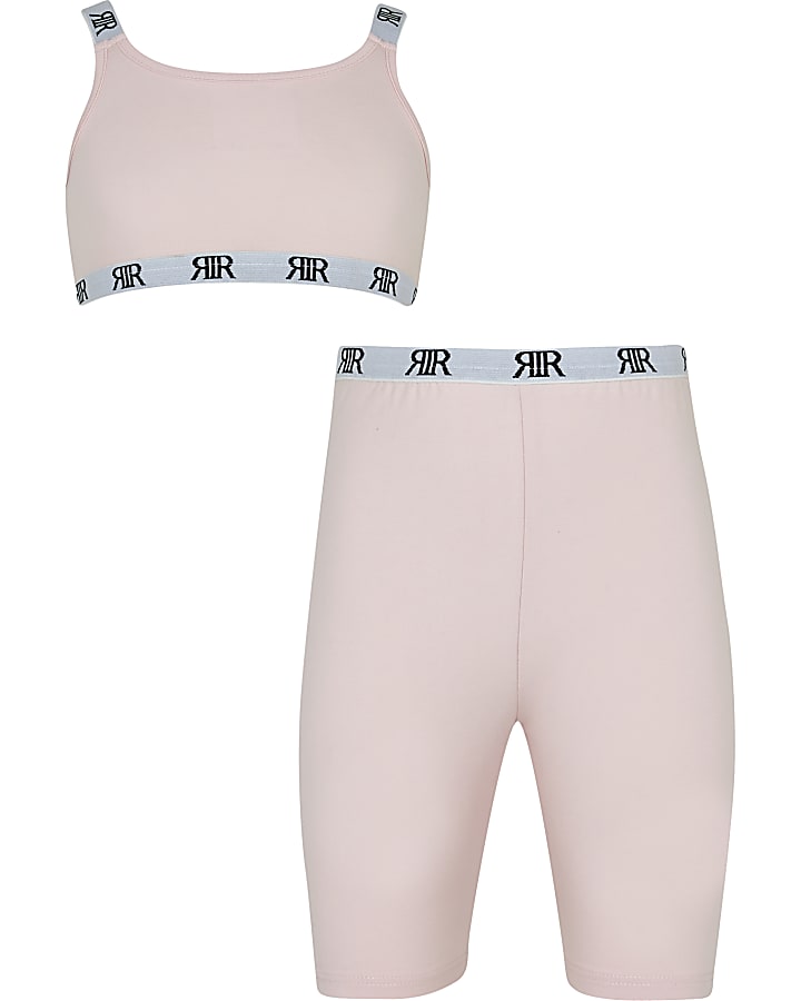 Girls pink RR crop top and cycling shorts set