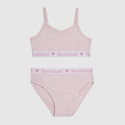 Girls Pink Ruched Crop Top And Brief Set