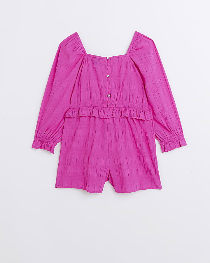 Girls Pink Ruched Frill Square Neck Playsuit