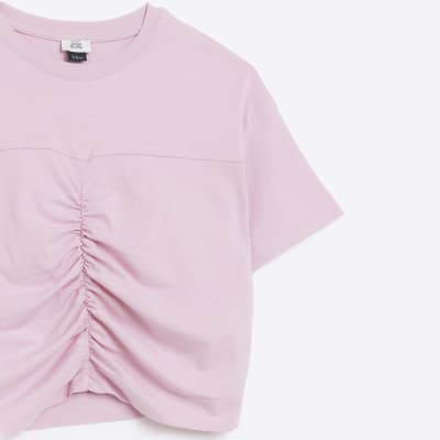 Girls Pink Ruched Front Short sleeve T-shirt