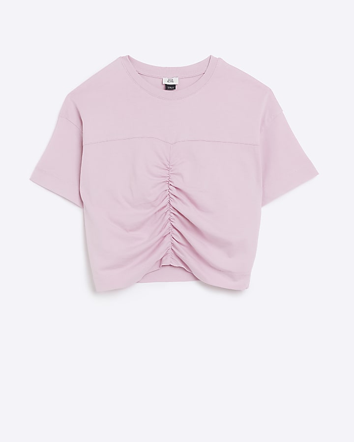 Girls Pink Ruched Front Short sleeve T-shirt