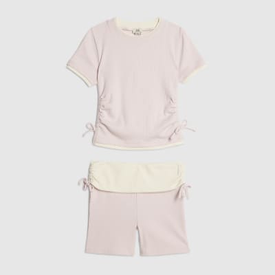 Girls Pink Ruched Ribbed Top And Shorts Set