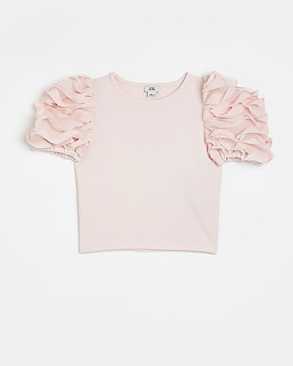 Girls pink ruffle sleeve crop top