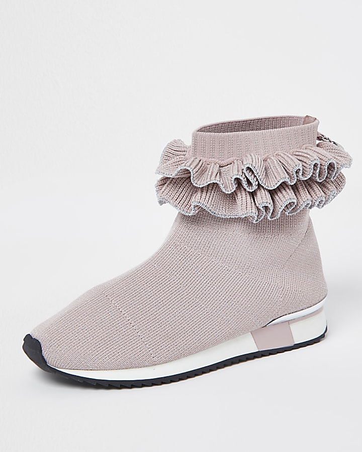 Girls pink ruffle sock high top trainers