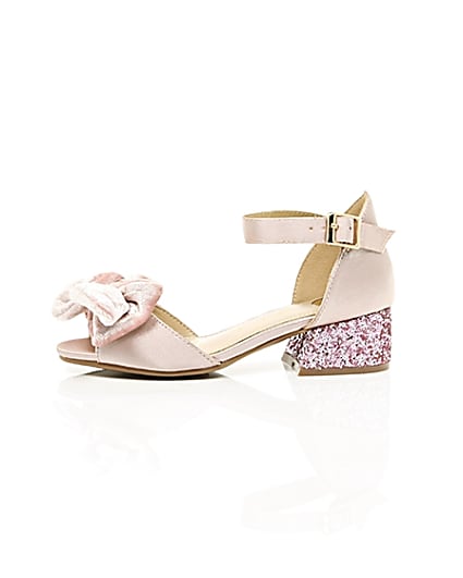 360 degree animation of product Girls pink satin bow block heel sandals frame-22