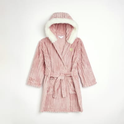 Girls Pink Satin Bow cosy rib Dressing Gown | River Island