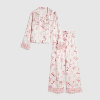 Girls Pink Satin Bow Plisse Cuff Pyjamas Set