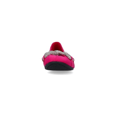 360 degree animation of product Girls Pink Satin Diamante Trim Ballet shoes frame-21