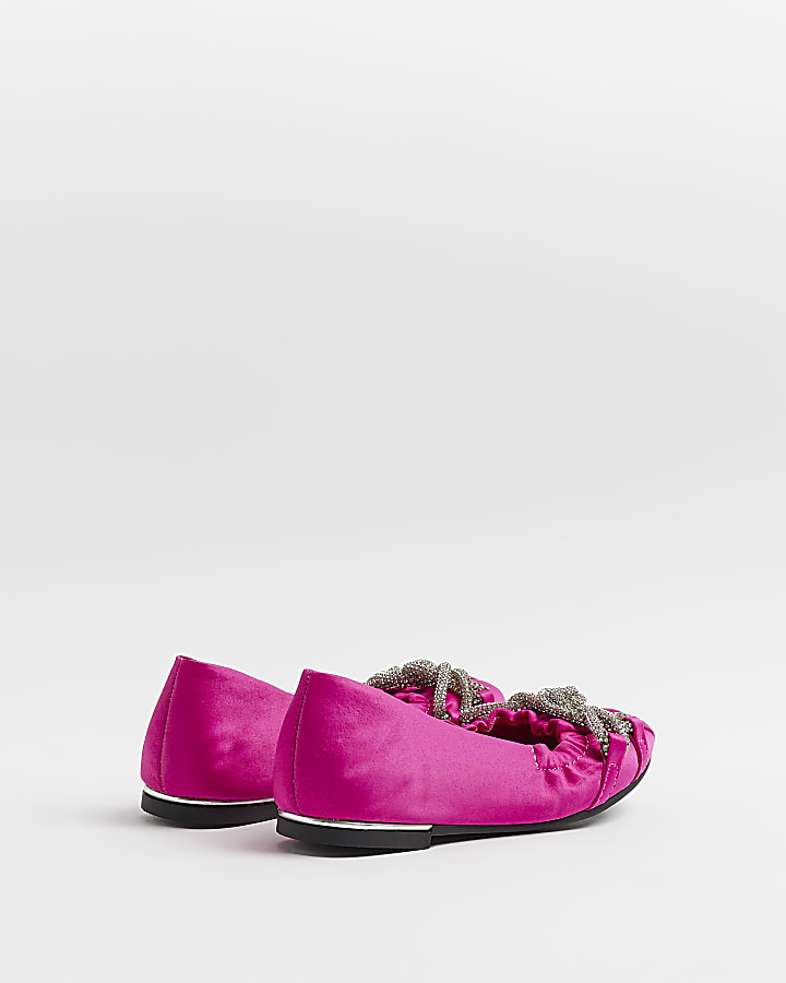 Girls Pink Satin Diamante Trim Ballet shoes