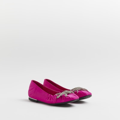 Girls Pink Satin Diamante Trim Ballet shoes