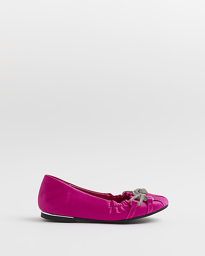 Girls Pink Satin Diamante Trim Ballet shoes