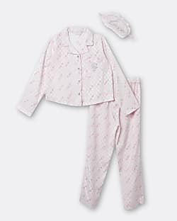 Girls pink satin RI pyjama 3 piece set
