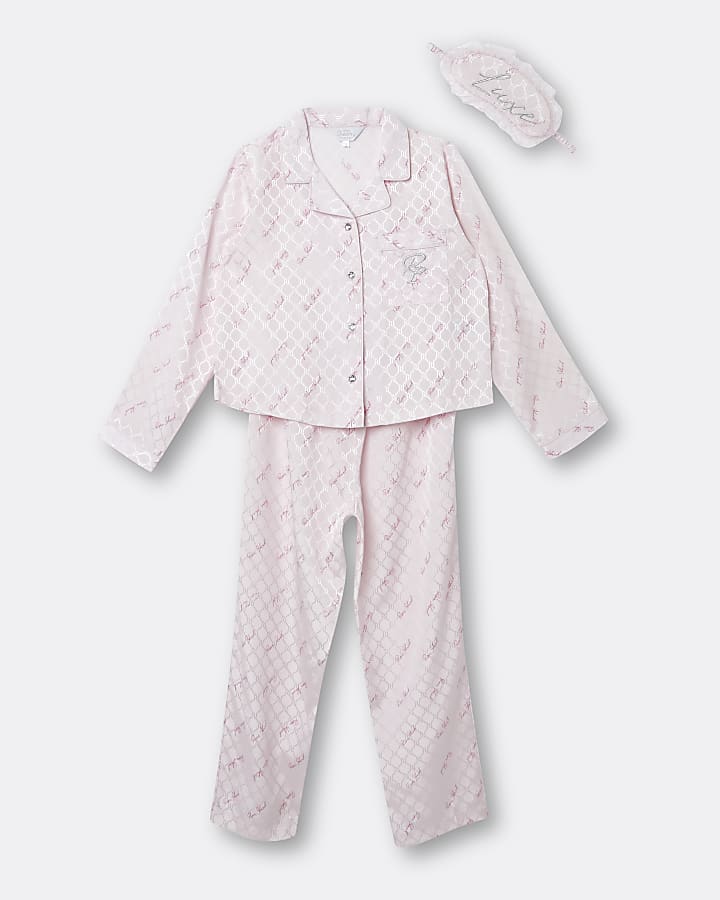 Girls pink satin RI pyjama 3 piece set