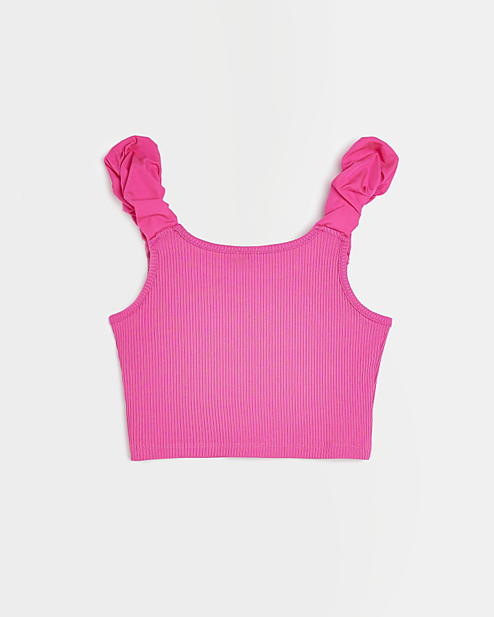 Girls pink scrunch sleeve crop top
