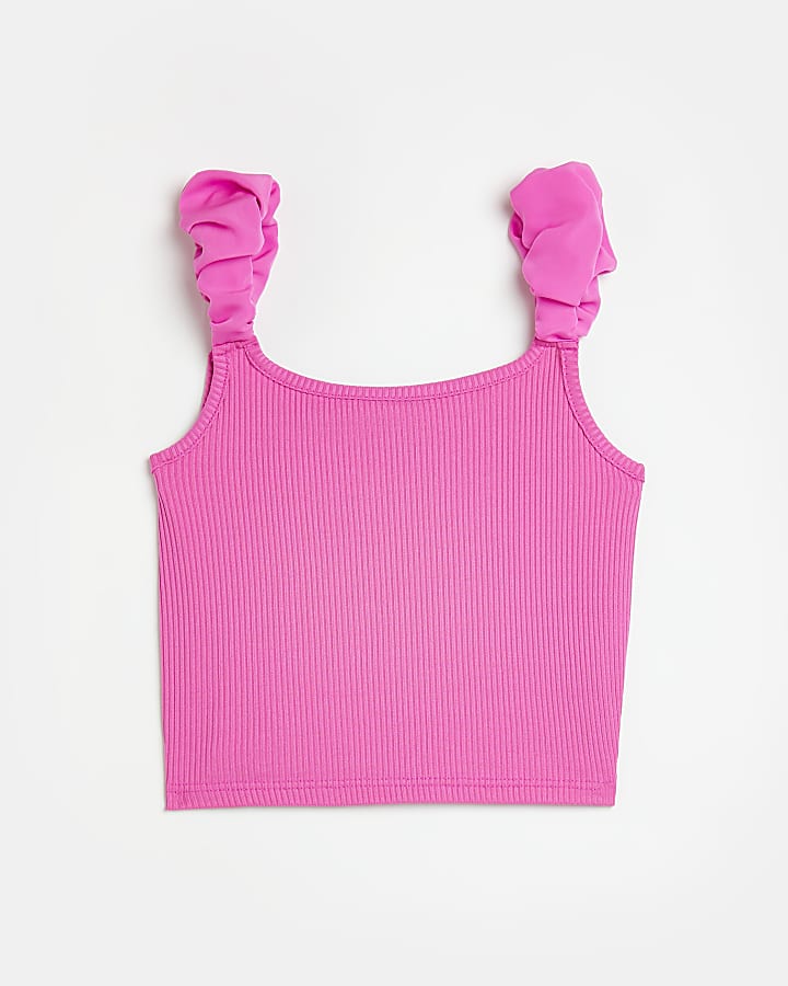 Girls pink scrunched strap cropped camisole