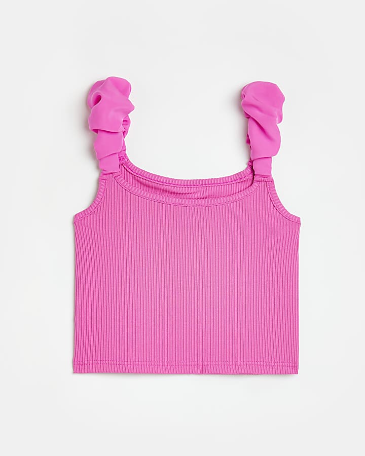 Girls pink scrunched strap cropped camisole