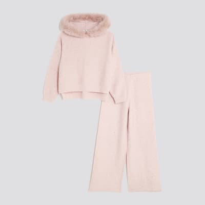 Girls Pink Sequin Faux Fur Hooded Hoodie Set