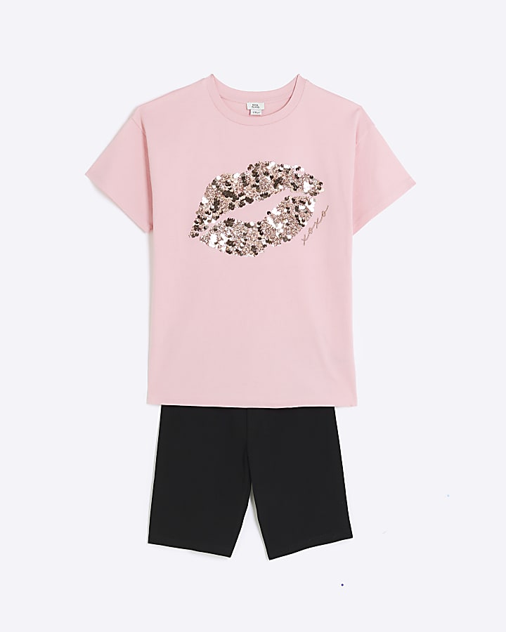Girls pink sequin lips graphic t-shirt set