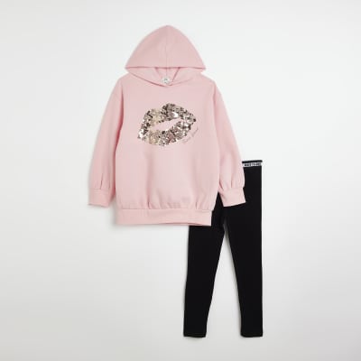 Girls Pink Sequin Lips Hoodie Outfit | River Island