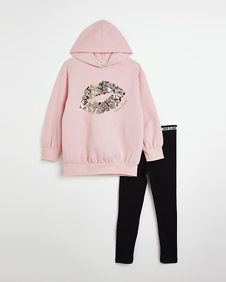 Girls Pink Sequin Lips Hoodie Outfit | River Island