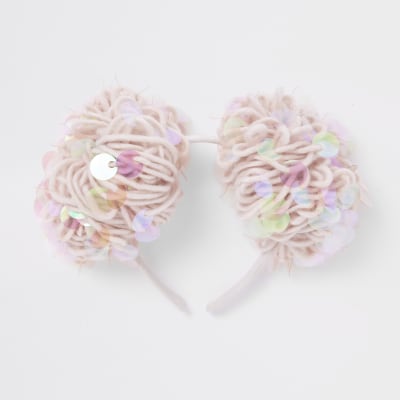 Girls pink sequin pom pom hair band