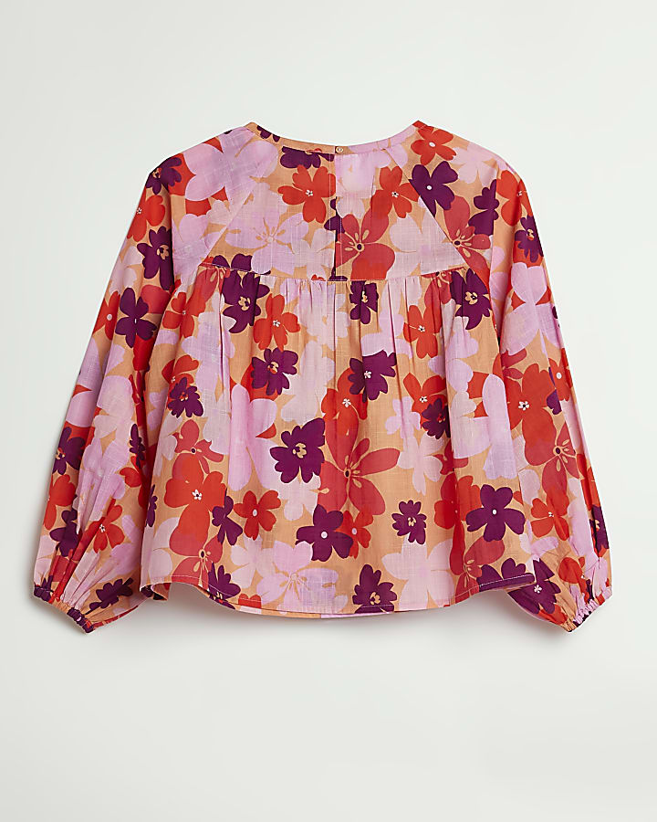 Girls pink shirred floral smock blouse