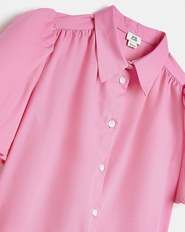Girls Pink Short puff Sleeve Poplin Shirt