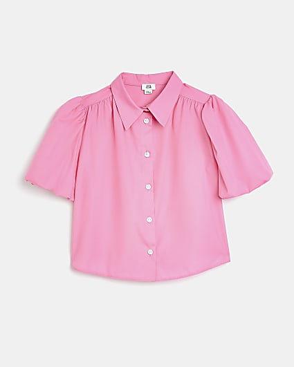 Girls Pink Short puff Sleeve Poplin Shirt