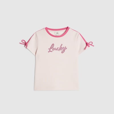 Girls Pink Side Stipe Bow Lucky T-Shirt