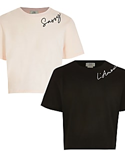 Girls pink slogan neck print t-shirt 2 pack