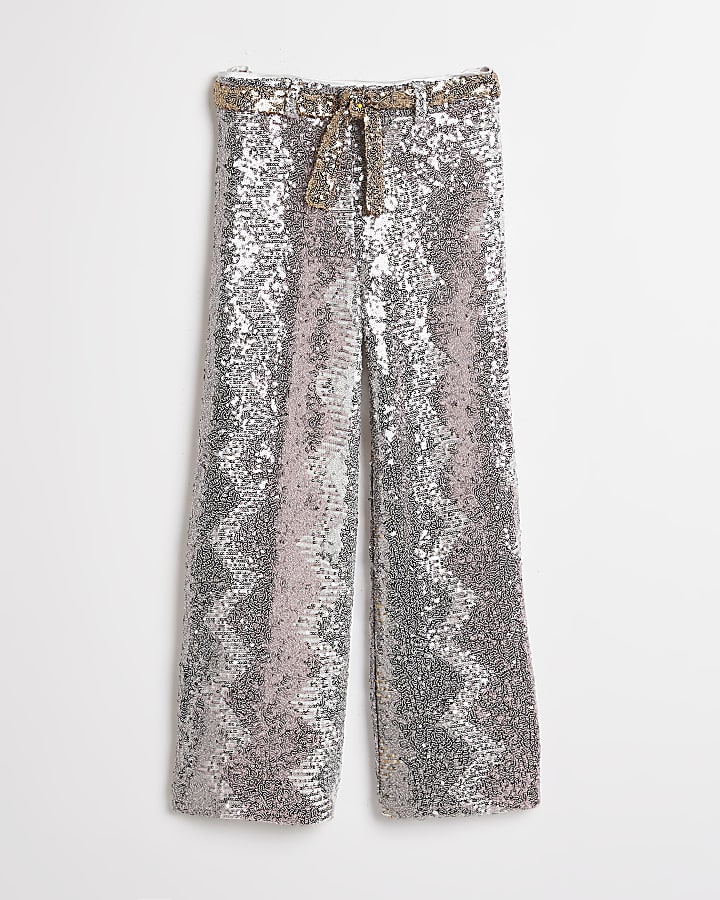 Girls pink snake print sequin wide trousers