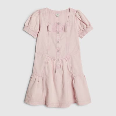 Girls Pink Square Neck Twill Bow Dress