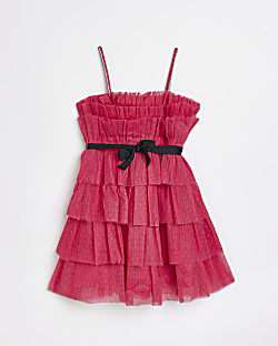 Girls Pink Strappy Mesh Tutu Bow Party Dress