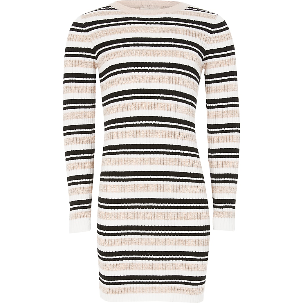 Girls pink stripe fitted knit jumper dress | River Island