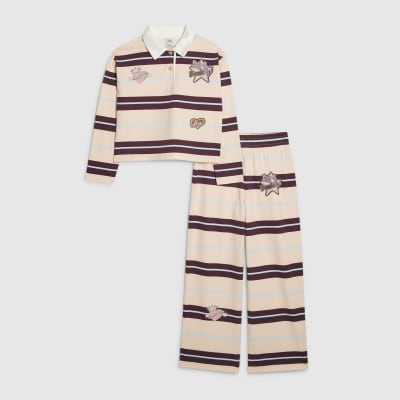 Girls Pink Stripe Polo Wide Leg Trousers Set