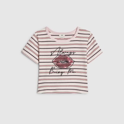 Girls Pink Stripe Sequin Lips T-Shirt