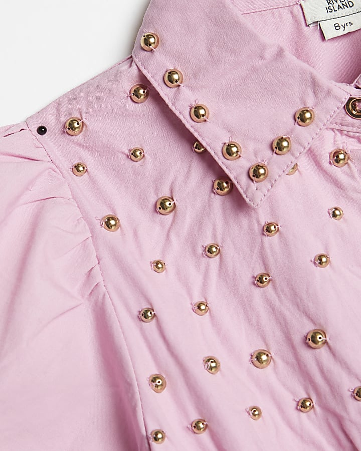 Girls pink studded puff sleeve shirt dress