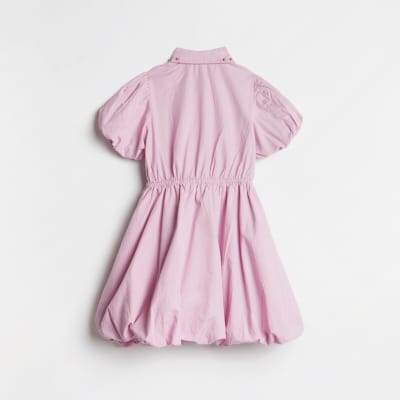 Girls pink studded puff sleeve shirt dress