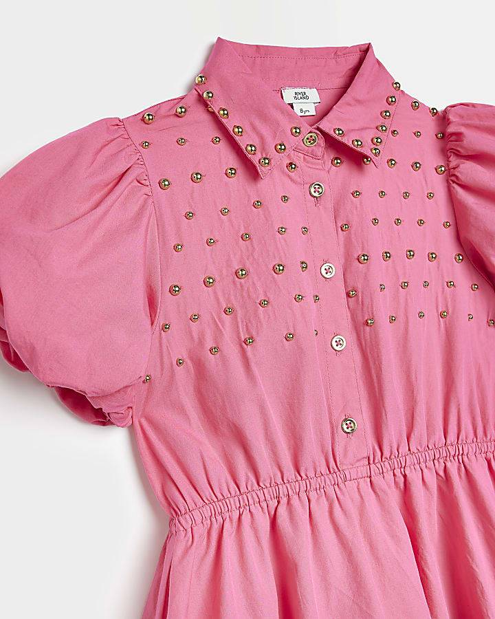 Girls Pink Studded Puffball Shirt Dress