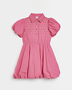 Girls Pink Studded Puffball Shirt Dress