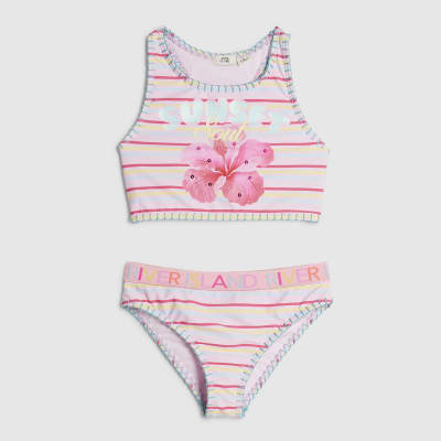 Girls Pink Sunset Printed Stripe Bikini Set