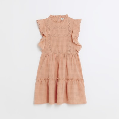 Girls pink textured check skater dress