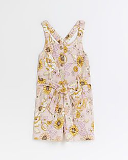 Girls pink textured floral belted playsuit